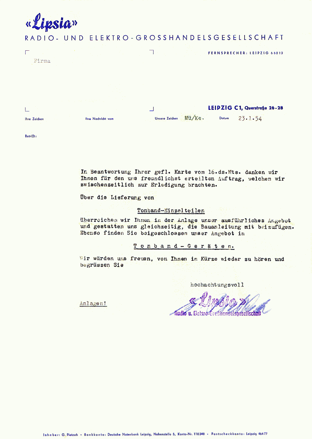 Lipsia, Anschreiben 23.01.54, 001