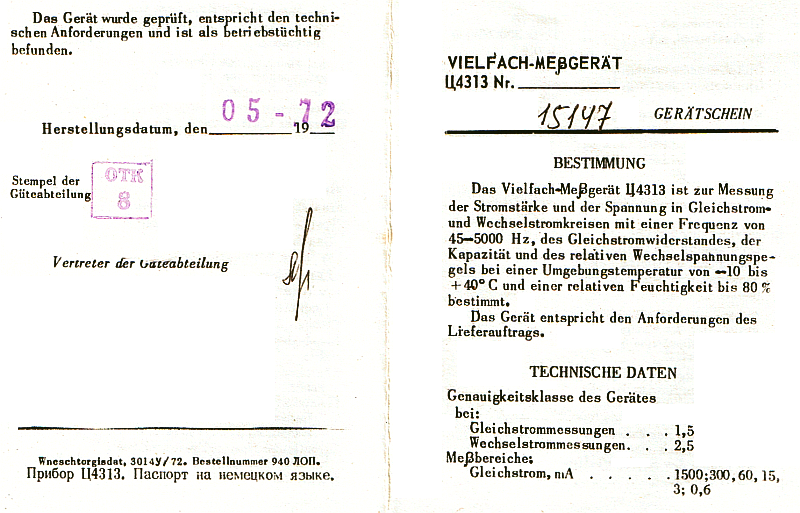 Gerätepaß für Z4313 Nr: 15147, 001