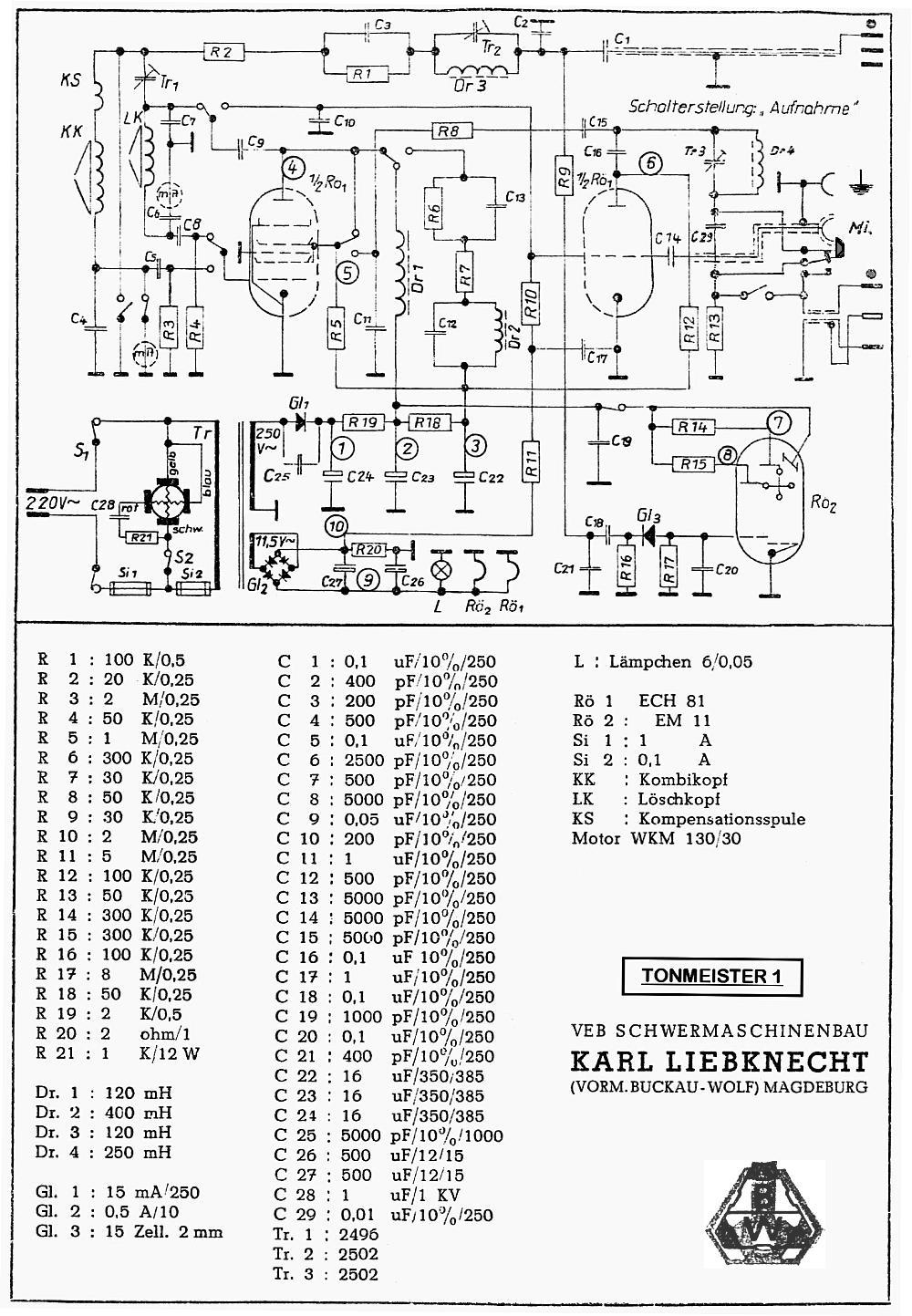 Schaltbild mit Stückliste TM1