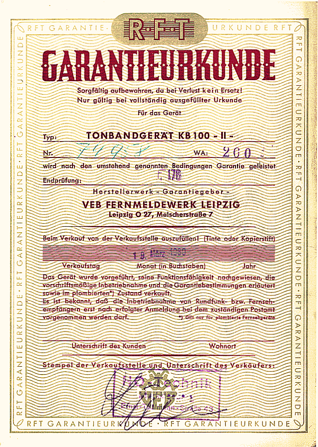 Garantieschein für ein KB 100II, Seite 1