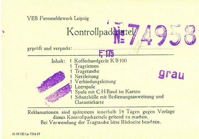 KB100 - Packzettel, Seite 1