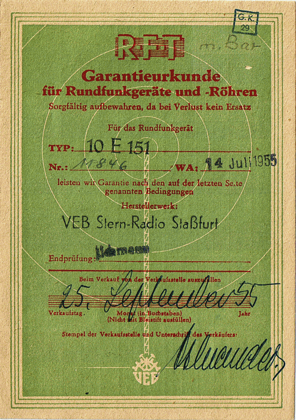 10E151 - Garantiekarte Seite 1